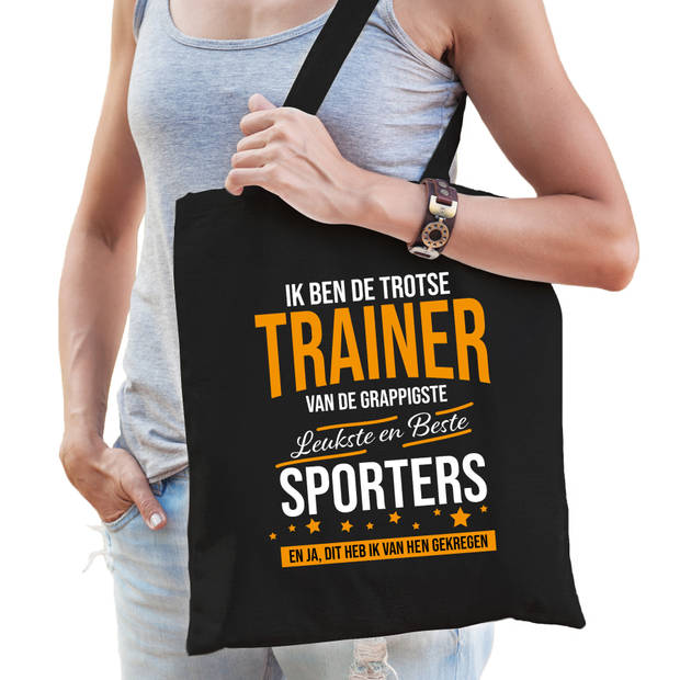 Trotse trainer van de beste sporters katoenen kado tas dames zwart voor trainers - Feest Boodschappentassen