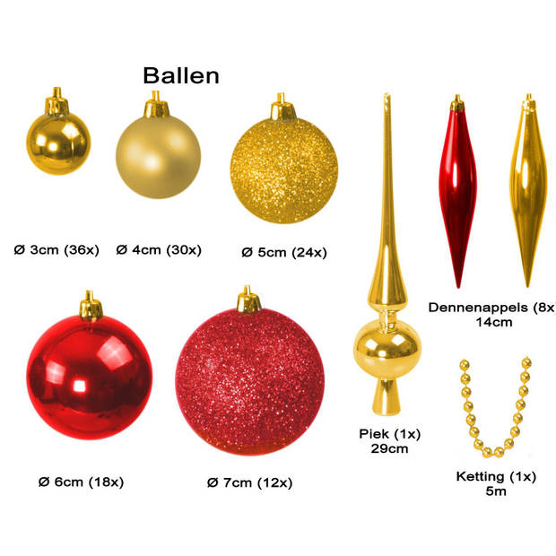 Kunststof Kerstballen set 130 ballen piek parelsnoer - Goud/Bordeaux