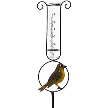 Metalen regenmeter tuindecoratie 33 cm metaal/glas met vogel - Regenmeters