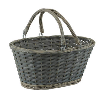 1x Ovale boodschappenmand/picknickmand grijs 38 cm - Decoratie bakkersmanden - Mand met hengsels - Rieten manden