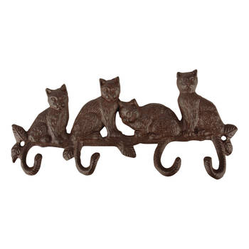 Katten kapstok/wandrekje van gietijzer met 4 kattenstaart haken 29 cm bruin - Kapstokken