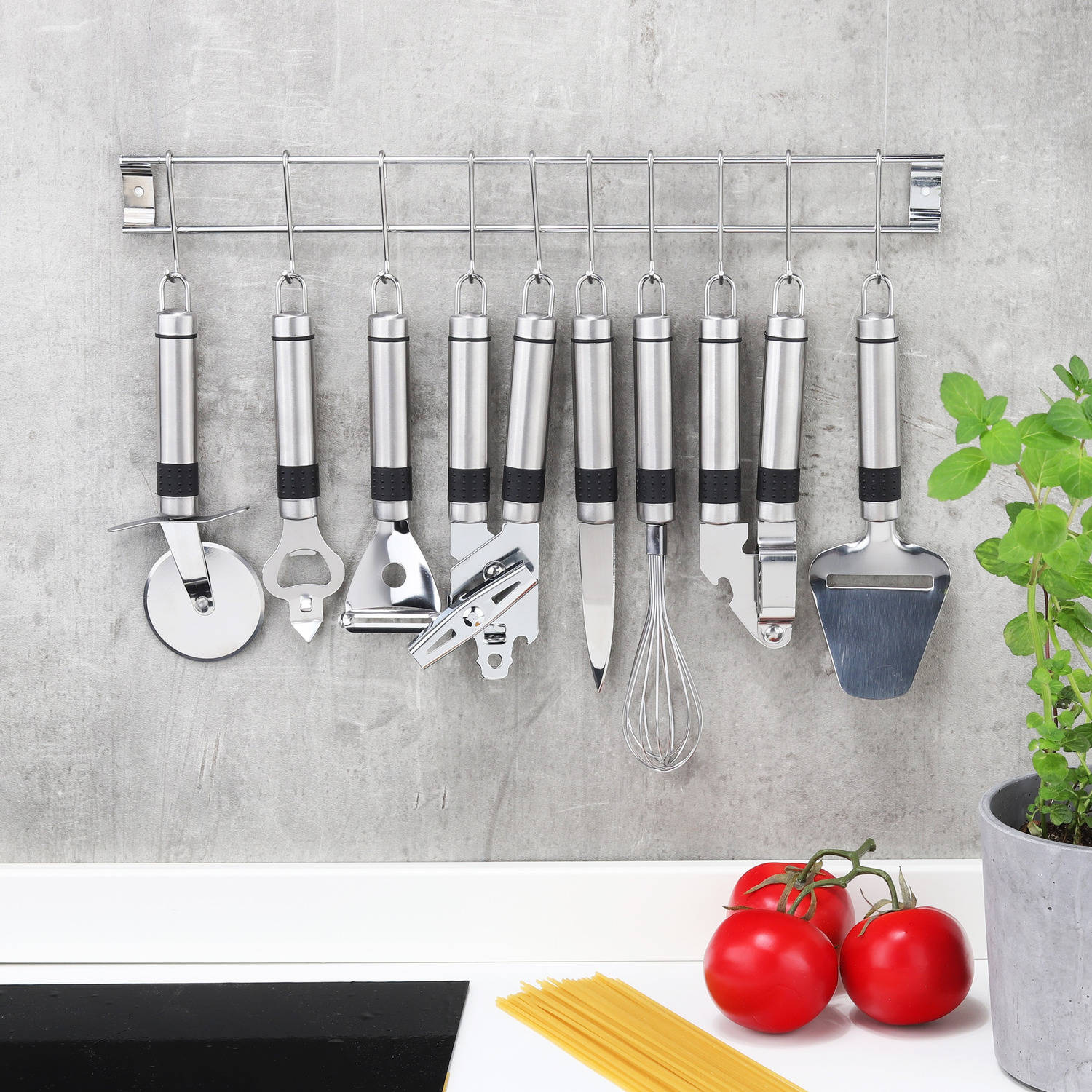 opener toewijding item 9-Delige RVS keukengerei / keukenhulp set met ophang stang - Keukengerei |  Blokker