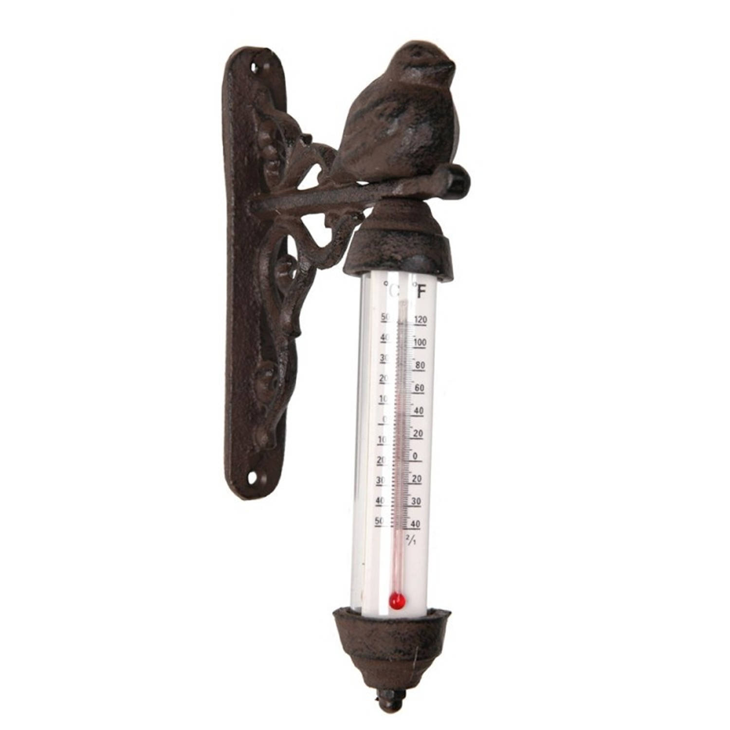 Clayre & Eef Thermometer Buiten 10x5x16 cm Bruin Ijzer Rond Vogel Thermometer Gietijzer Thermometer Tuin