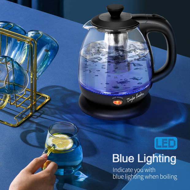 Taylor Swoden Abel 30IAS - Glazen waterkoker met LED en theefilter - 1L - Zwart