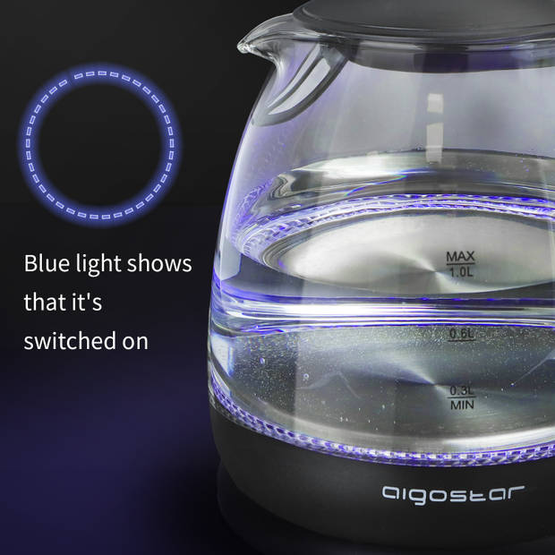 Aigostar Elfin 30IAX - Glazen waterkoker met LED - Zwart - 1L