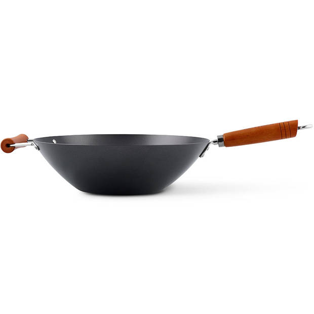 Ken Hom wokpan met houten greep 35 cm staal/hout zwart/bruin