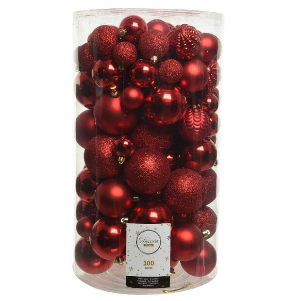 Decoris 100x stuks kunststof kerstballen rood 4, 5, 6, 7 en 8 cm - Kerstbal