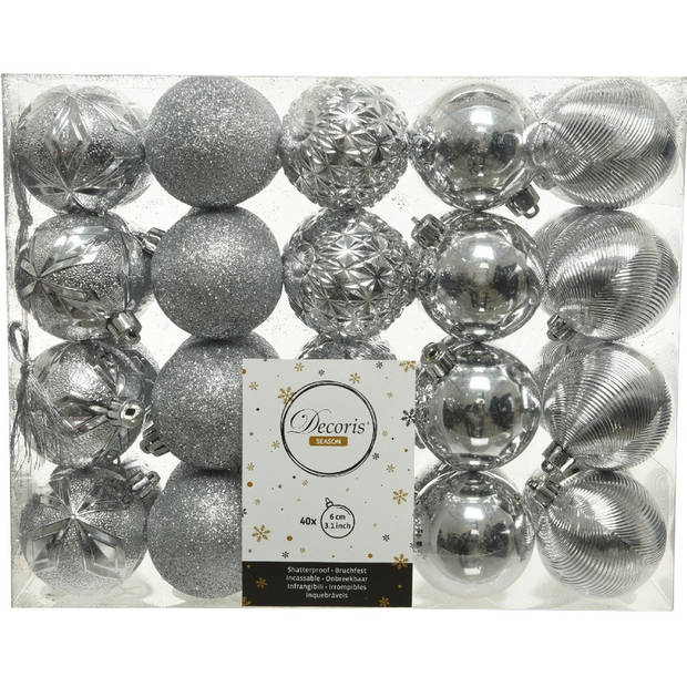 Decoris Kerstballen - 40x st - zilver - D6 cm - kunststof - kerstversiering - Kerstbal