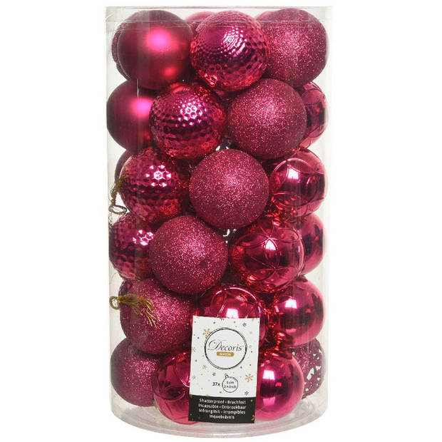37x Bessen roze kerstballen 6 cm kunststof mix - Kerstbal