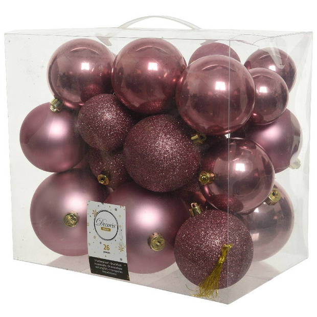 Kerstversiering kunststof kerstballen met piek oud roze 6-8-10 cm pakket van 27x stuks - Kerstbal
