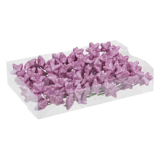 18x Bundeltjes van 6 roze glitter mini sterretjes stekers/instekers 4 cm - Kerststukjes