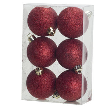 6x Rode glitter kerstballen 6 cm kunststof - kerstversiering - Kerstbal
