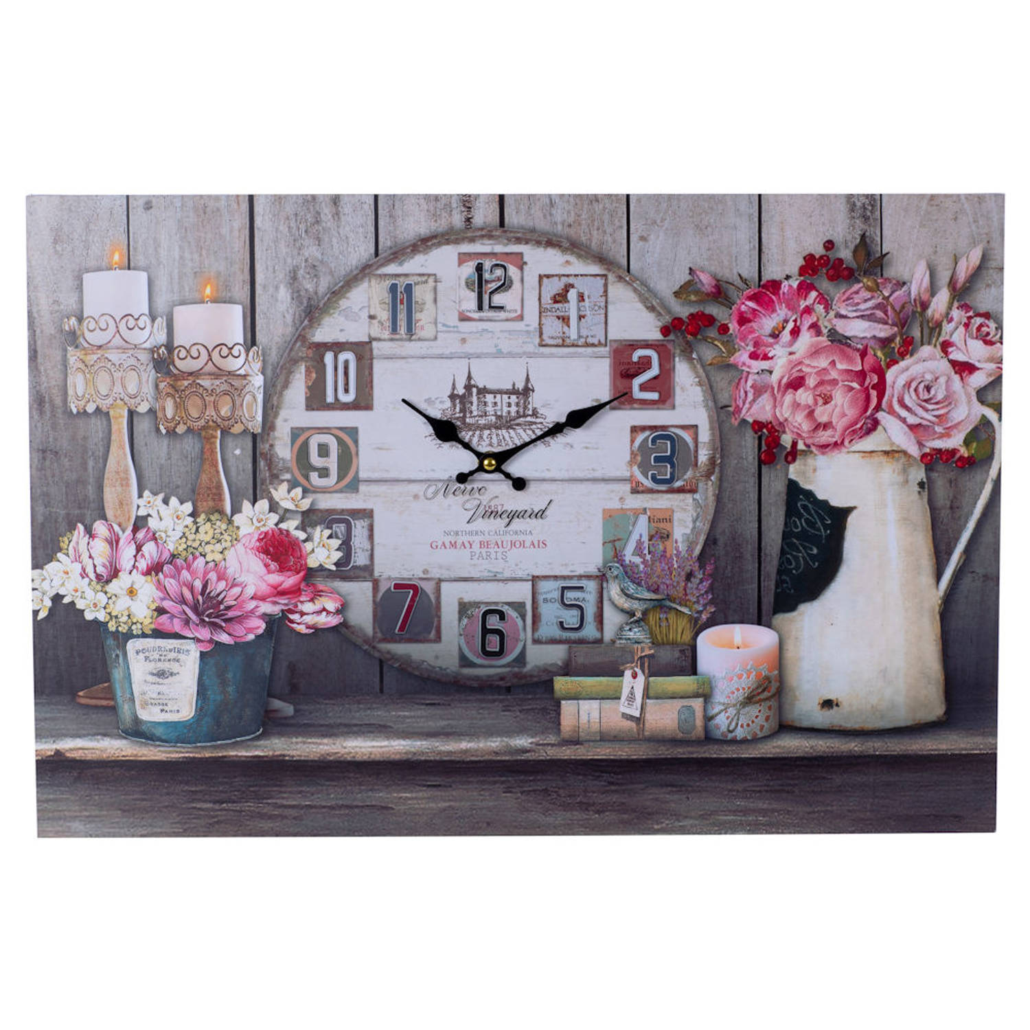 XL Canvas Schilderij Wandklok PARIS & FLOWERS met Klok Wand Klok