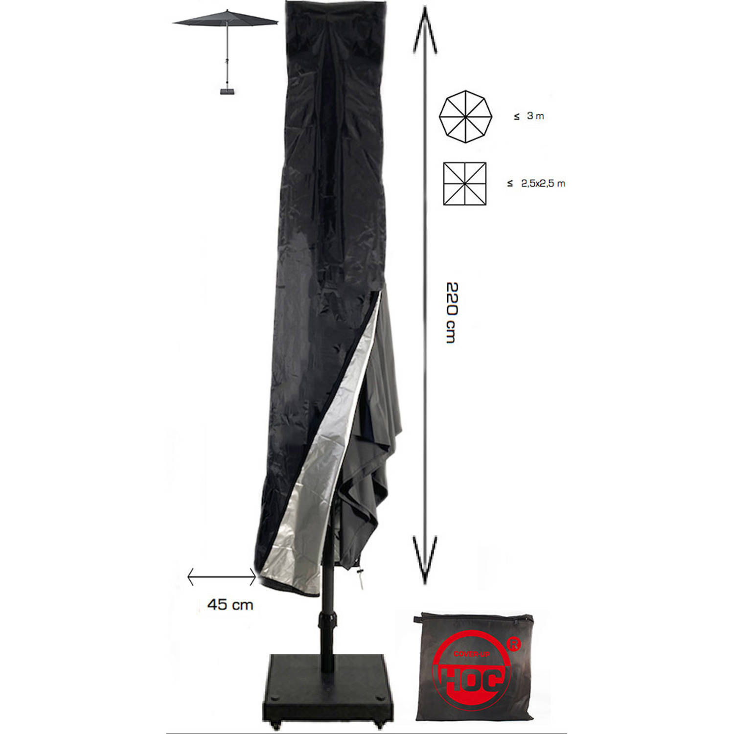 Pat Gelijkwaardig aanwijzing Redlabel parasolhoes staande parasol- 220x25x45 cm - met Rits, Stok en  Trekkoord incl. Stopper- Zwarte Parasolhoes | Blokker