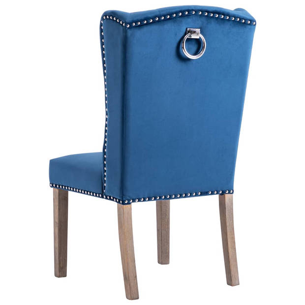 The Living Store Eetkamerstoel Klassiek - Blauw Fluweel - 55 x 69 x 108.5 cm - Massief rubberwood - 2 stuks