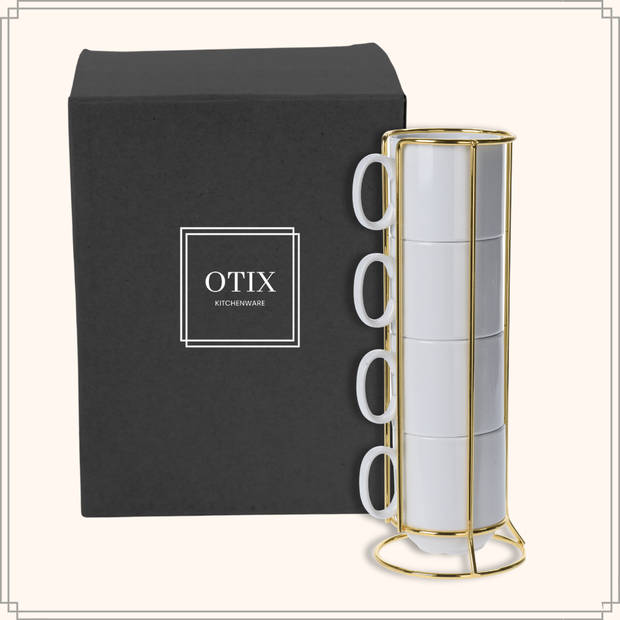 OTIX Koffiekopjes - Theeglazen - Met Oor - Set van 4 - Mokkenrek - Mokken - met Gouden Houder - 250ml - Porselein