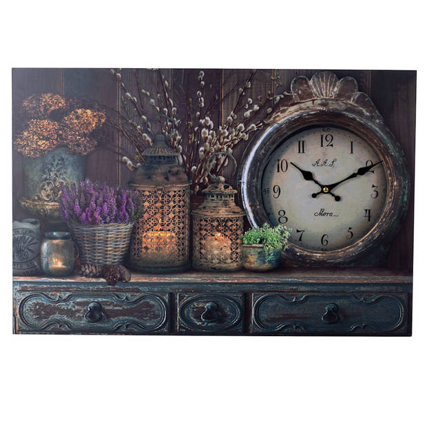 XL Canvas Schilderij Wandklok CABINET CLOCK LANTARN CANDLE en FLOWERS