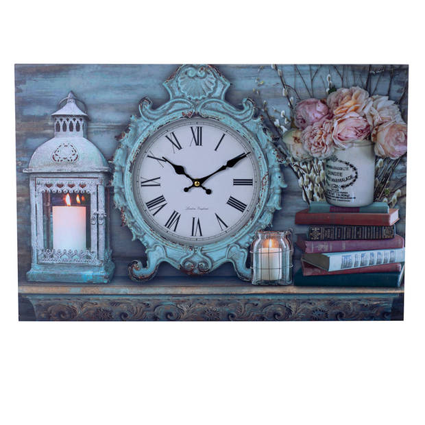 XL Canvas Schilderij Wandklok CLOCK LANTARN CANDLE en FLOWERS met Klok