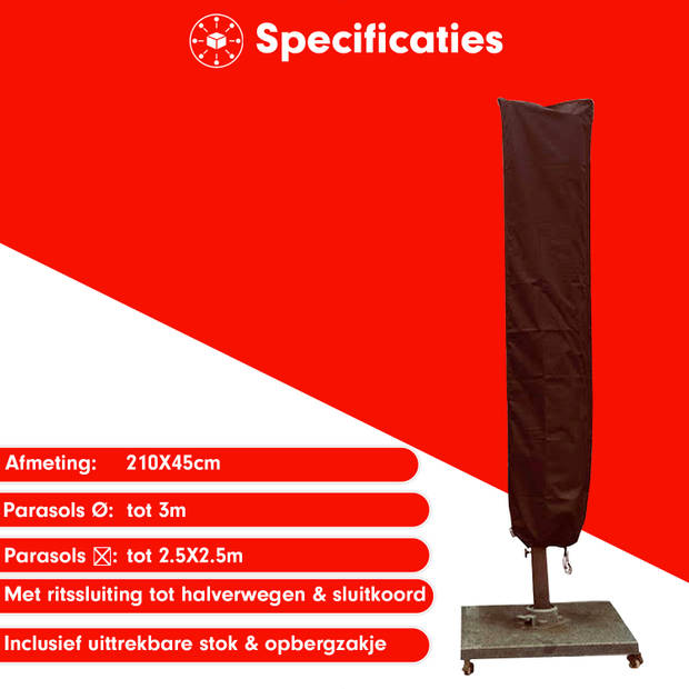 Redlabel parasolhoes voor zweefparasol - 210x45 cm- met Rits, Stok en Trekkoord incl. Stopper- Zwarte Parasolhoes