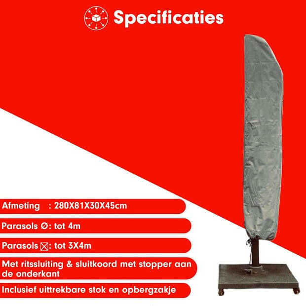 Diamond topkwaliteit parasolhoes voor zweefparasol met boog - 280x81x30x45 cm - met Rits, Stok en Trekkoord incl.