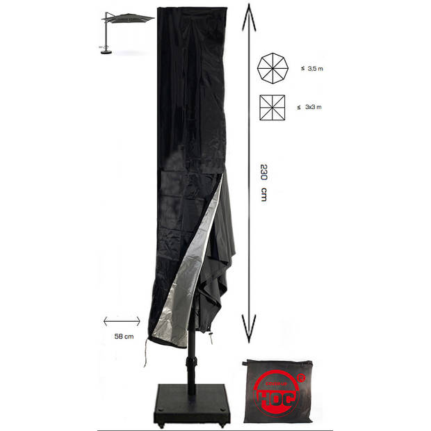Redlabel parasolhoes voor (zweef) parasol - 230x50x58 cm - met Rits, Stok en Trekkoord incl. Stopper- Zwarte Parasolhoes