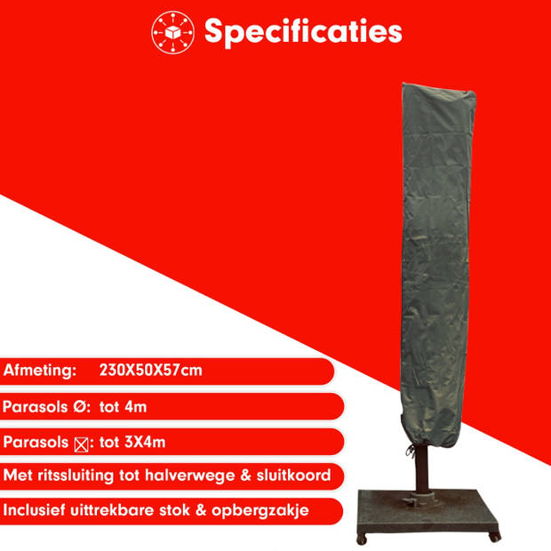 Diamond topkwaliteit parasolhoes voor (zweef) parasol - 230x50x57 cm - met Rits, Stok en Trekkoord incl. Stopper
