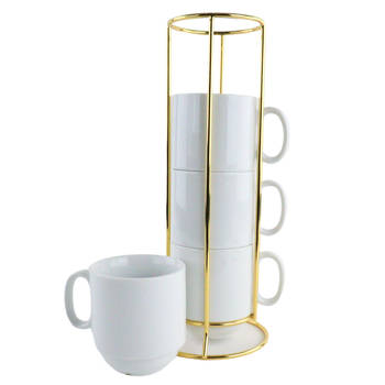 OTIX Koffiekopjes - Theeglazen - Met Oor - Set van 4 - Mokkenrek - Mokken - met Gouden Houder - 250ml - Porselein