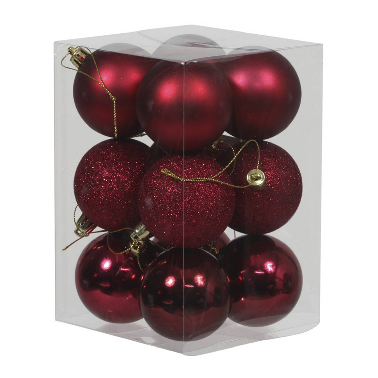 12x Donkerrode kunststof kerstballen 6 cm glans/mat/glitter - Kerstbal