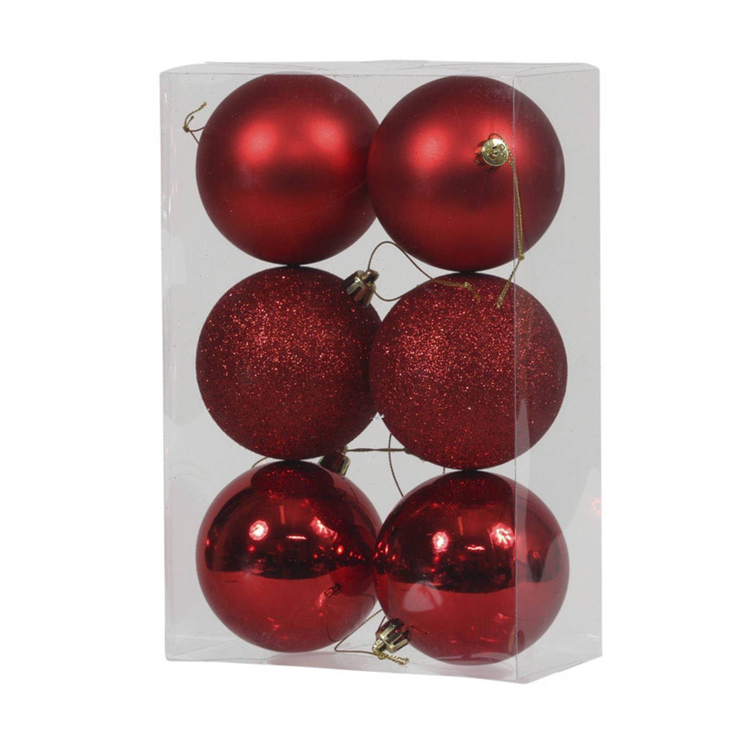 6x Rode kunststof kerstballen 8 cm glans/mat/glitter - Kerstbal