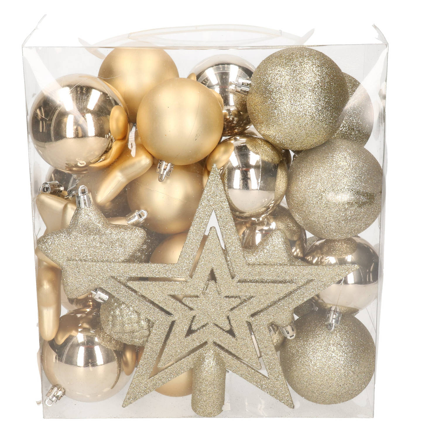 39x Kunststof kerstballen 8 cm met ster piek licht champagne kerstballen pakket met piek licht champ