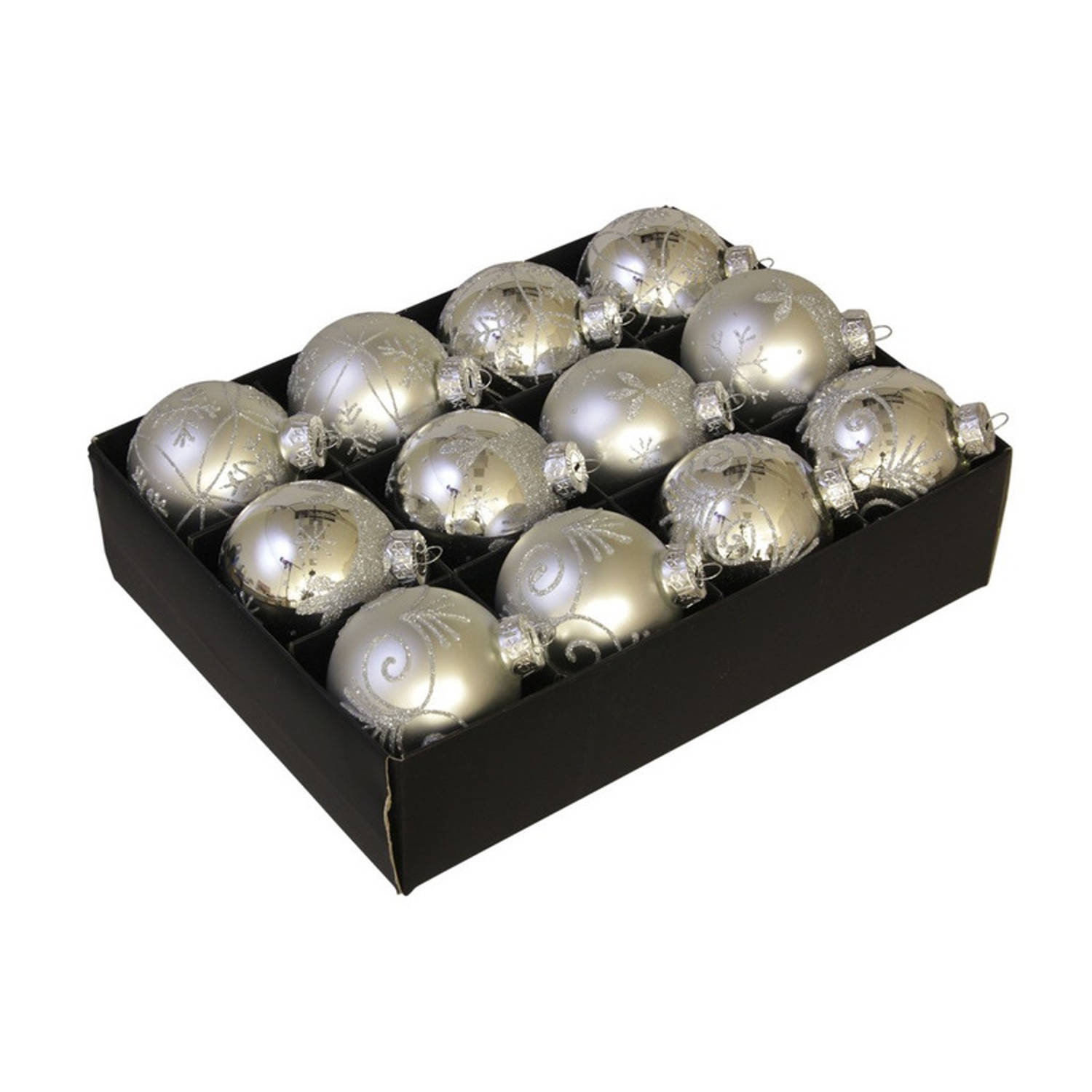 12x Glazen gedecoreerde zilveren kerstballen 7,5 cm - Kerstbal