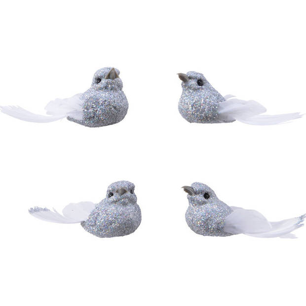 4x Decoratie glitter vogeltjes zilver op clip 5 cm - Kersthangers