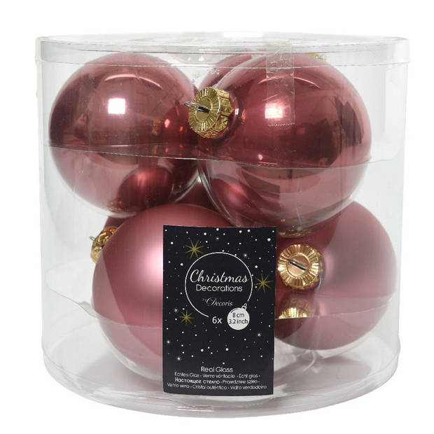 Kerstboomversiering oud roze kerstballen van glas 8 cm 6 stuks - Kerstbal