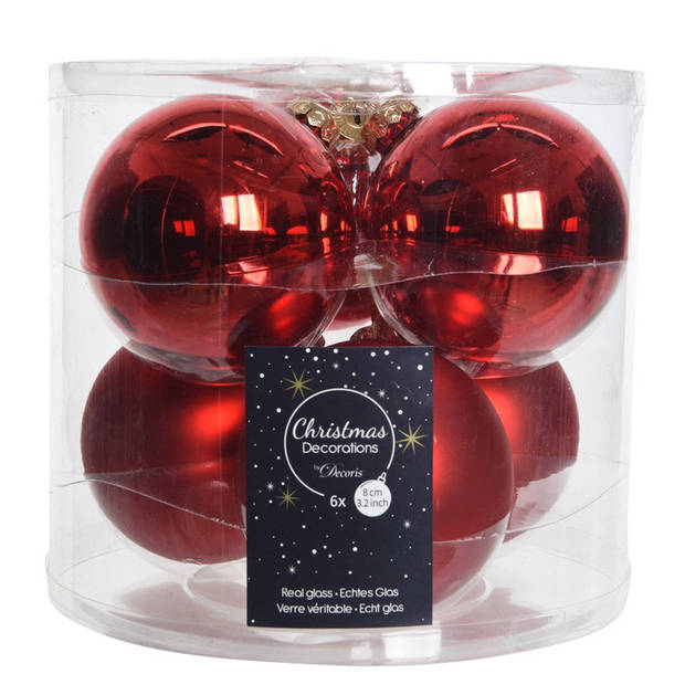 Kerstboomversiering kerst rode kerstballen van glas 8 cm 6 stuks - Kerstbal