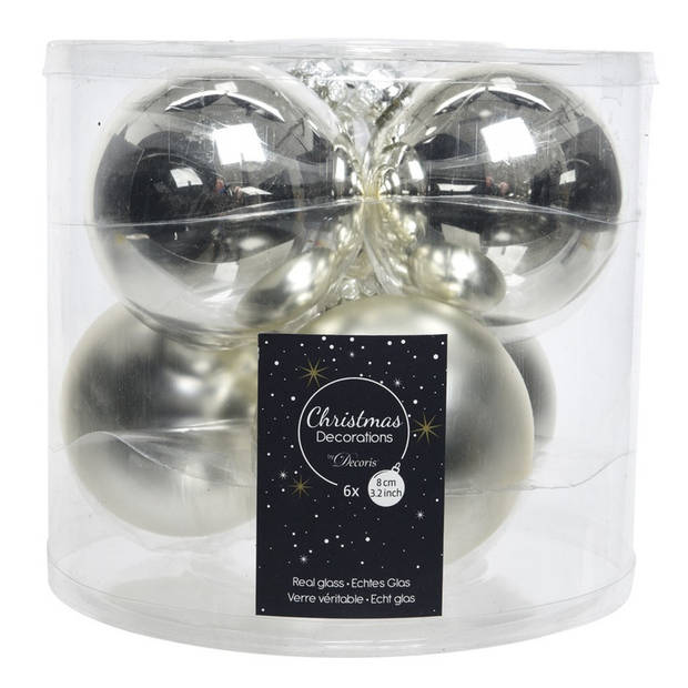Kerstboomversiering zilveren kerstballen van glas 8 cm 6 stuks - Kerstbal
