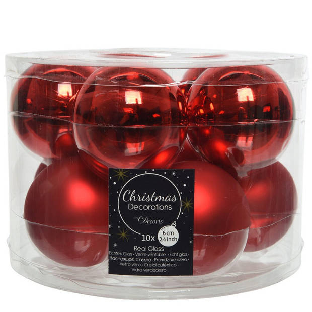 Kerstboomversiering kerst rode kerstballen van glas 6 cm 10 stuks - Kerstbal