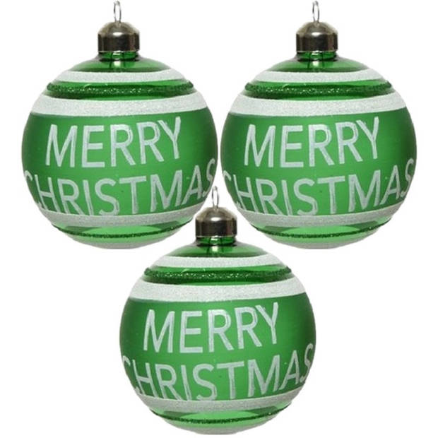 3x Groene glazen kerstballen Merry Christmas 8 cm - Kerstbal