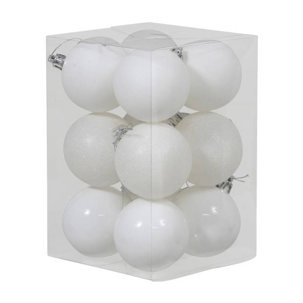Kerstversiering kunststof kerstballen met piek wit 6 en 8 cm pakket van 37x stuks - Kerstbal