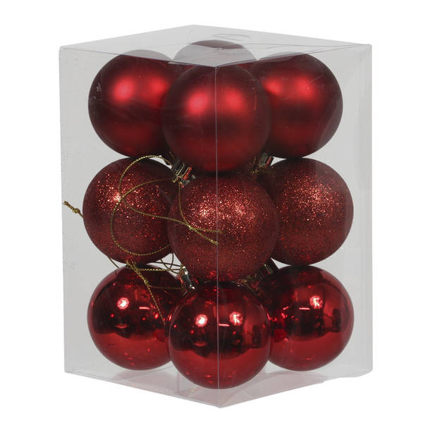12x Rode kunststof kerstballen 6 cm glans/mat/glitter - Kerstbal