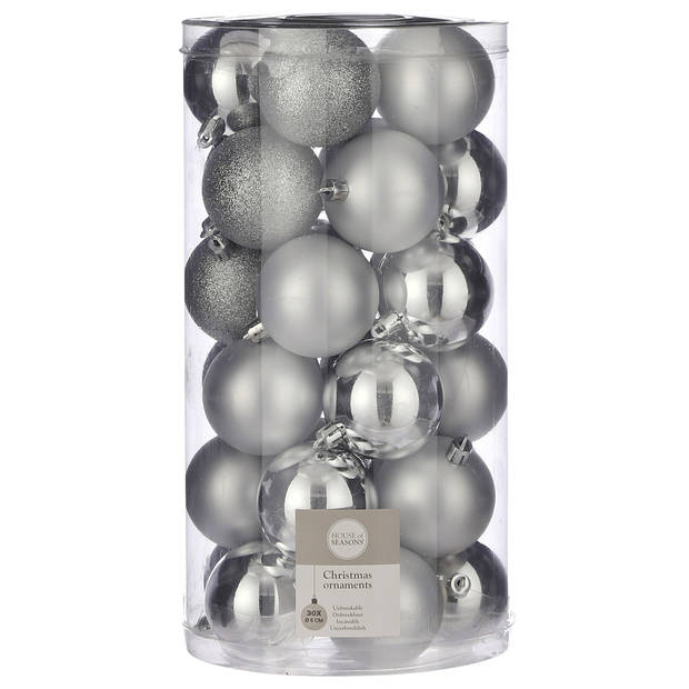 30x stuks kunststof kerstballen zilver 6 cm inclusief kerstbalhaakjes - Kerstbal