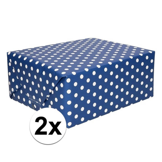 2x Cadeaupapier donkerblauw met witte stipjes/polkadots 200 x 70 cm - Cadeaupapier