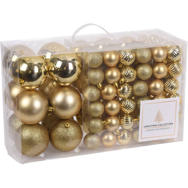 94-Delige kerstboomversiering kunststof kerstballen set goud incl. 100x ophanghaakjes - Kerstbal