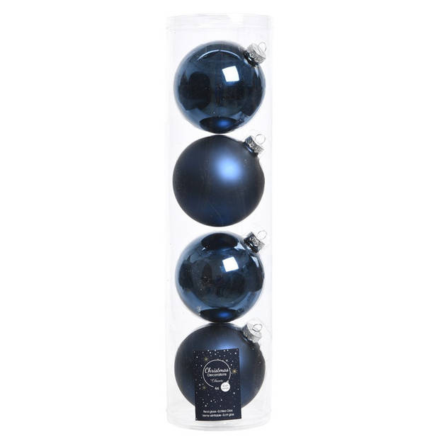 Tubes met 4x donkerblauwe kerstballen van glas 10 cm glans en mat - Kerstbal