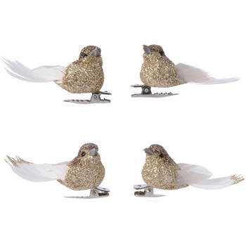 4x Decoratie glitter vogeltjes goud op clip 5 cm - Kersthangers