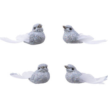 4x Decoratie glitter vogeltjes zilver op clip 5 cm - Kersthangers
