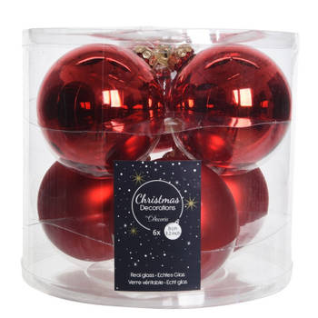 Kerstboomversiering kerst rode kerstballen van glas 8 cm 6 stuks - Kerstbal
