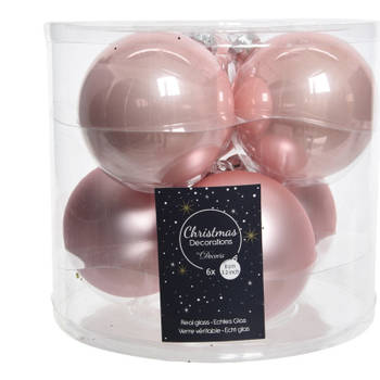 Kerstboomversiering licht roze kerstballen van glas 8 cm 6 stuks - Kerstbal