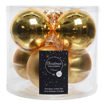 Kerstboomversiering gouden kerstballen van glas 8 cm 6 stuks - Kerstbal