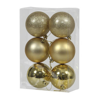 6x Gouden kunststof kerstballen 8 cm glans/mat/glitter - Kerstbal
