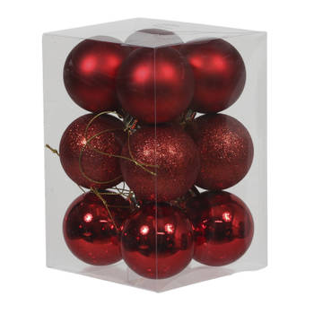 12x Rode kunststof kerstballen 6 cm glans/mat/glitter - Kerstbal